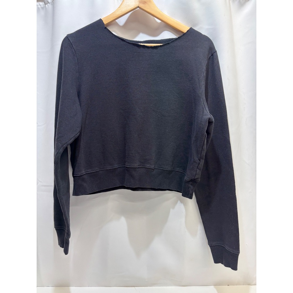 Hollister Sweatshirt Women L Black Raw Neck Cropped Long Sleeve Pullover